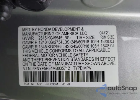 2021 Honda Pilot 2Wd Ex z USA, uszkodzony, nr VIN 5FNYF5H34MB035712